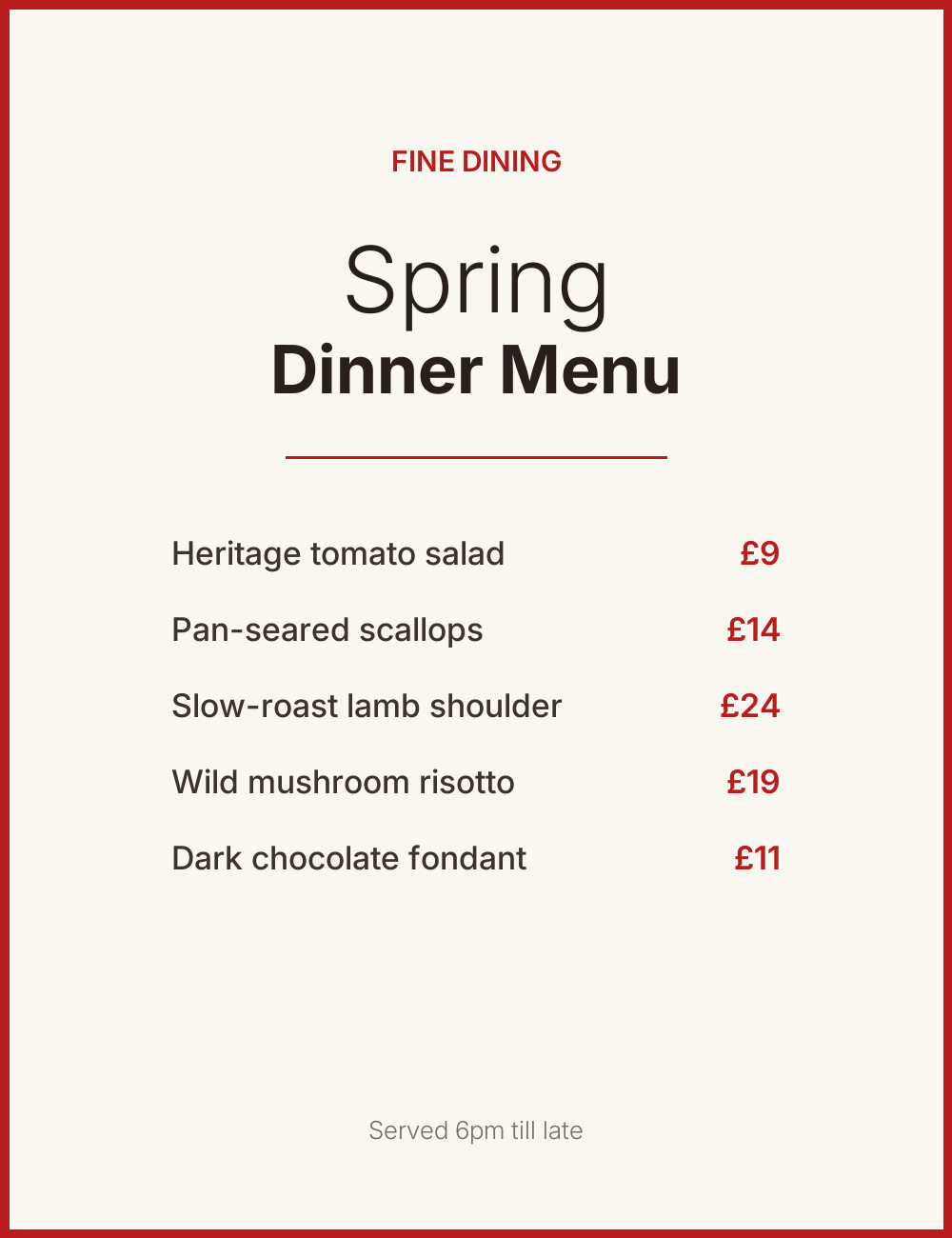 Spring Dinner Menu